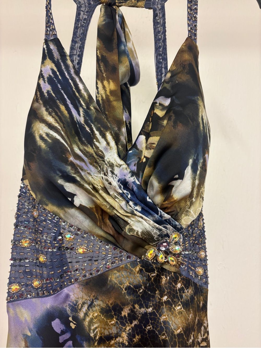 Vintage 2000s Y2K Halter Dress Beaded Abstract Silk Blend Homecoming Gown 10